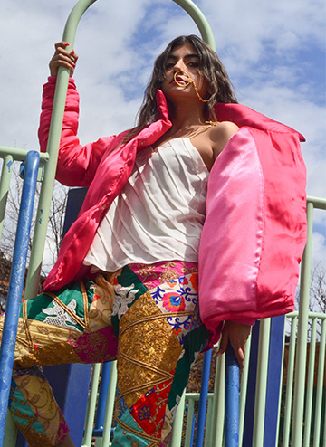Cigarette pants made by combining traditional style South East Asian fabrics into one patchwork fabric, and embellished with lace detailing on top.