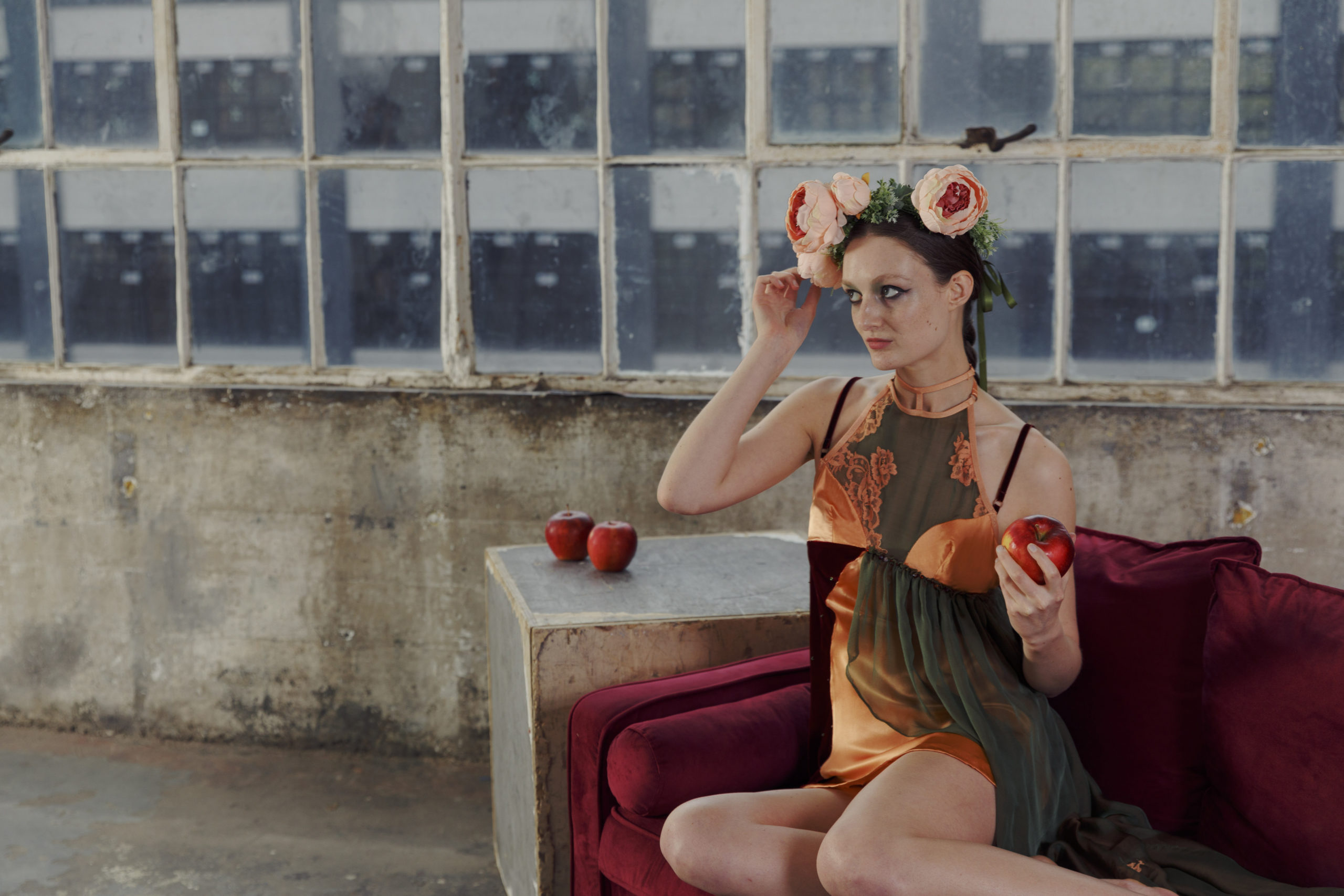 Silk babydoll slip dress with hand-dyed appliqué lace and beaded embellishments.