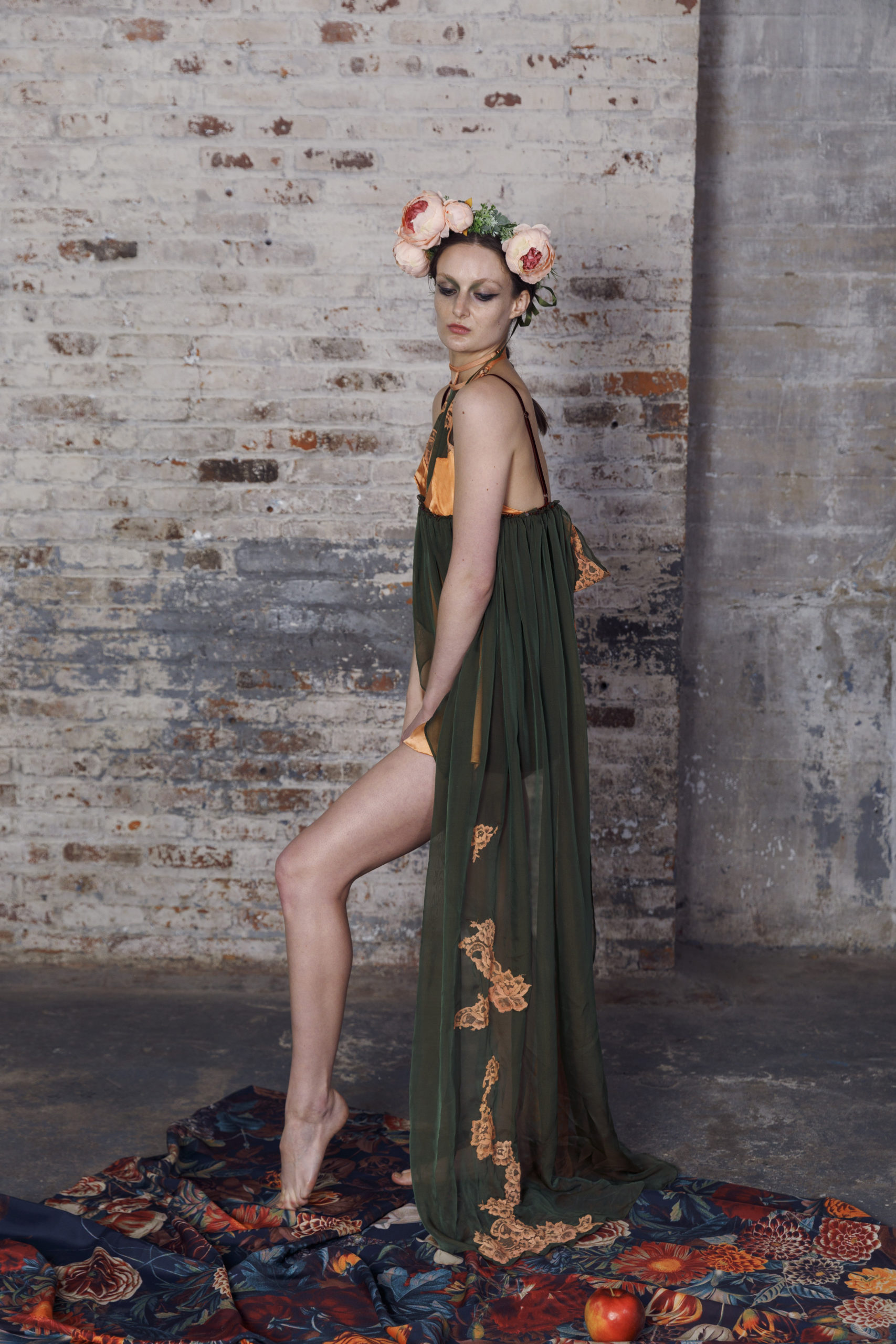 Silk babydoll slip dress with hand-dyed appliqué lace on the side silk chiffon.