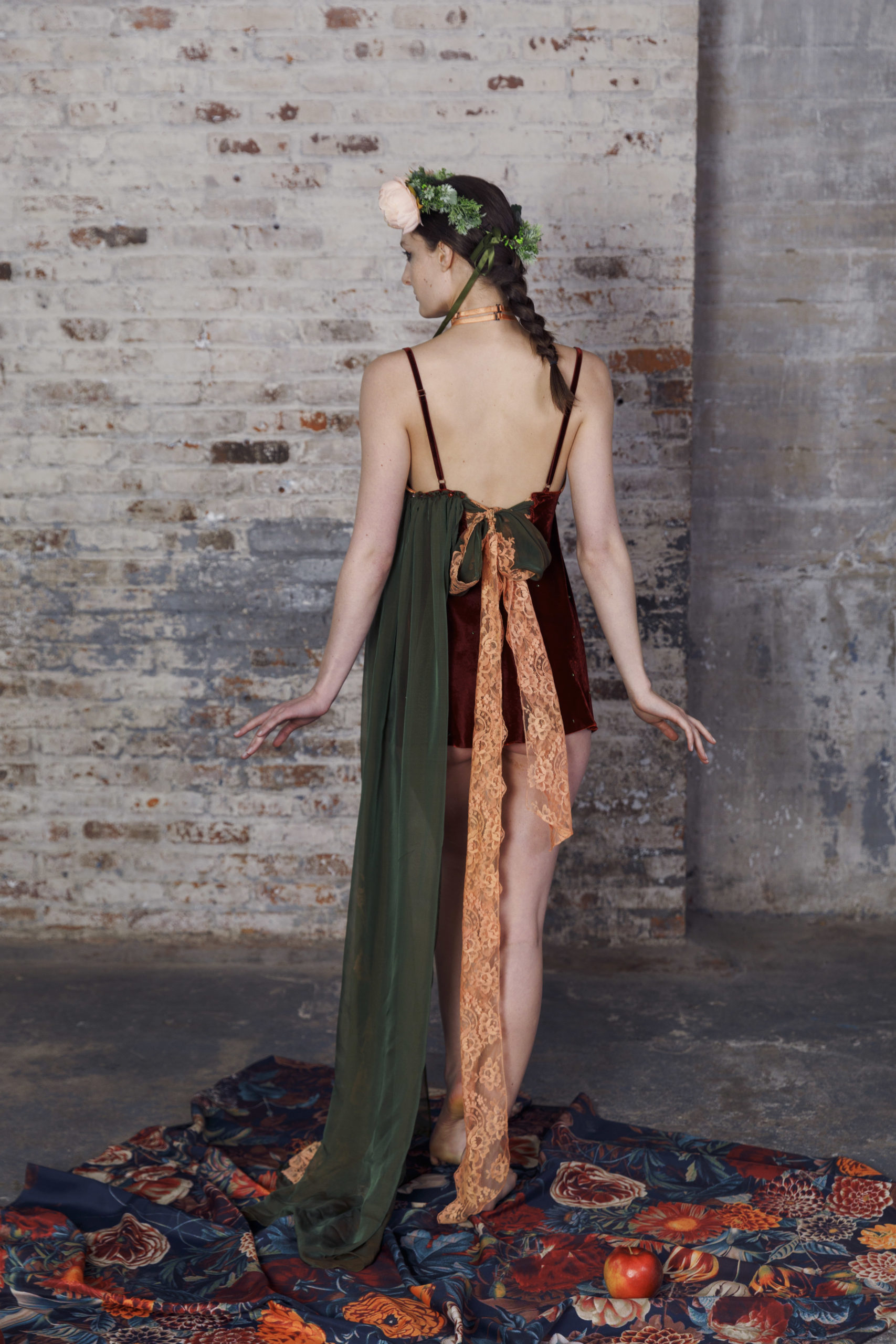 Silk babydoll slip dress.with hand-dyed appliqué lace bow tied back