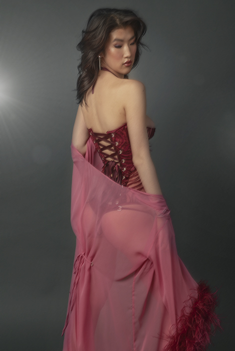 Back view of a woman wearing burgundy embroidered tulle bustier, burgundy silk panty, and pink silk chiffon robe with burgundy ostrich feather trim.