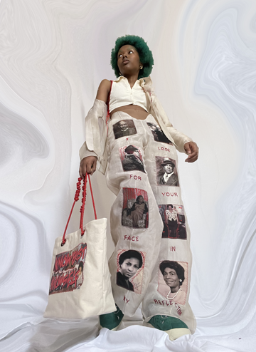 Silk chiffon pant with family photos stitched/patched onto the front of the pant leg. In addition, hand embroidery that states "I look for your face in my reflection." 