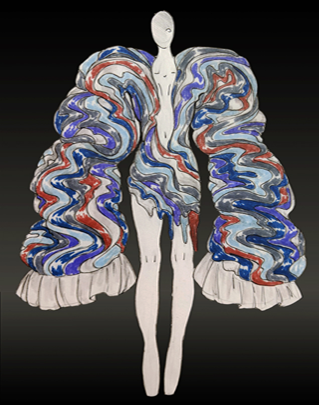A preliminary drawing of the garment with full sleeves and organza cuffs. The drawing depicts the intended swirls of T-shirt fabric, with more emphasis on the colors purple and light gray.  The drawing is done traditionally with marker and pen on paper.