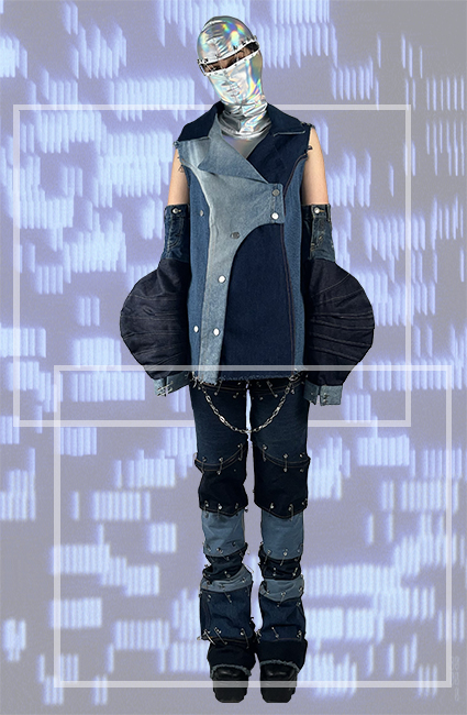 A full look picture of the design is seen. The silhouette of the jacket is seen pretty clear here with the collar, asymmetrical closure with snaps, off-the-shoulder sleeves out of children's pants wrapped around the bicep and voluminous ends attached to the cuffs. Pants are overly long consisting of 18 pieces all attached with safety pins and a closure at the back with a zipper. The pieces of the pants are detachable. The look gives different shades of blue denim with the metallic body and attached balaclava peeking under the oversized jacket.