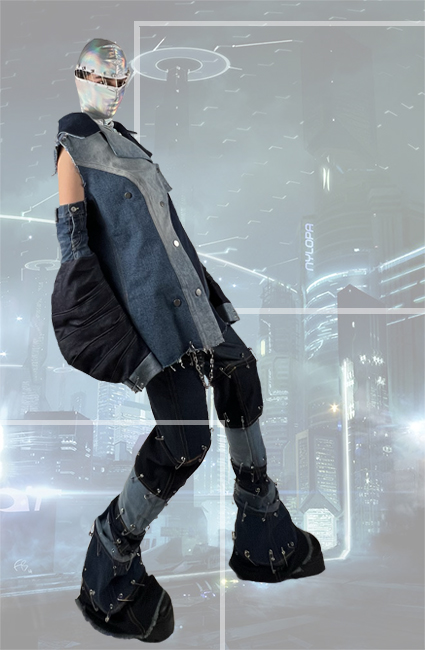 Another shot of the full look in which the voluminous and draped sleeves are more visible and also show how long the pants are.