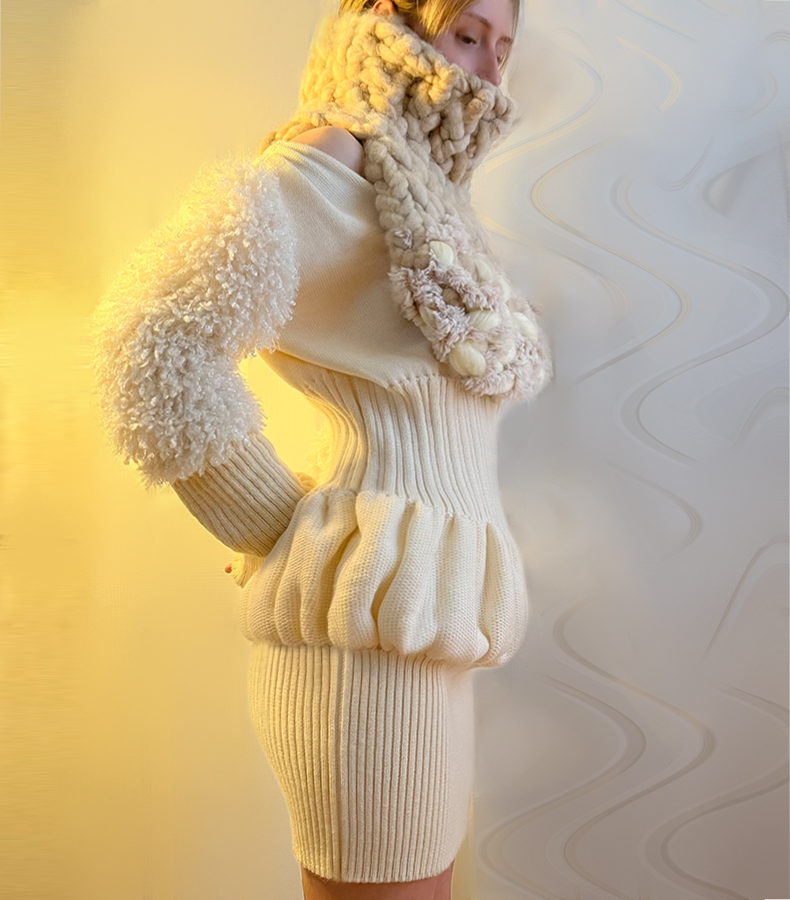 Side view photo of a girl standing, wearing ecru knit multi-stitch dress and matching bulky knit dickie