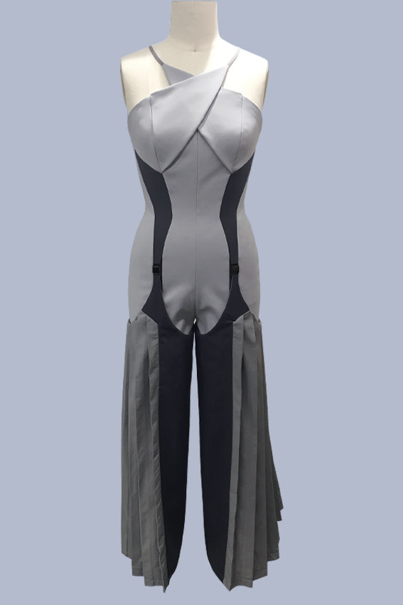 Light gray jumpsuit with dark gray contoured panels and detachable pleated pants