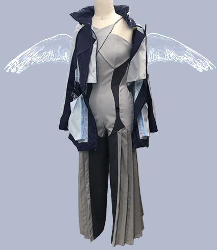 Photo of navy and sky blue color-blocked water-resistant nylon jacket with two-layer modular details and oversized pockets worn unzipped over light gray polyester wool jumpsuit with dark gray color-block panels that contour the body and detachable pleated pants with metal buckles