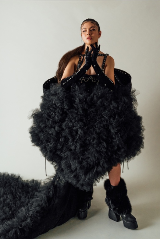 Heart dress paired with embellished gloves and handmade fox boots