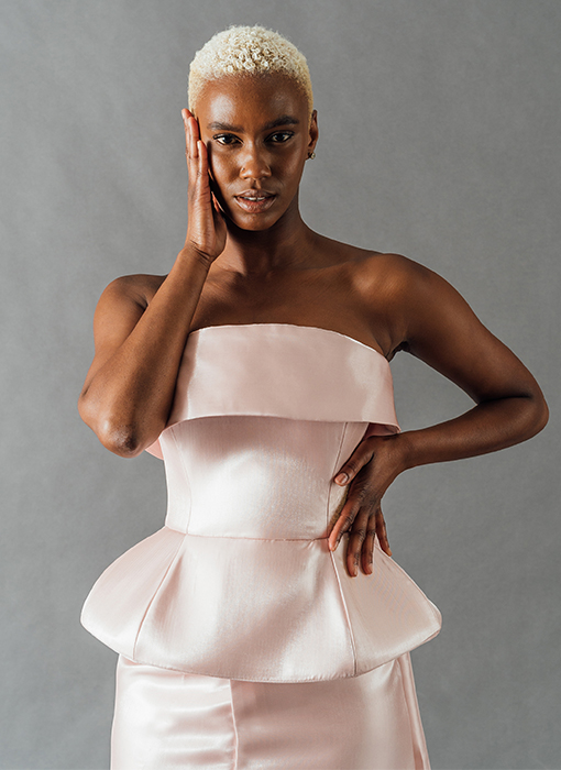 A black-and-white shot captures the high shine and luminosity in the fabric.