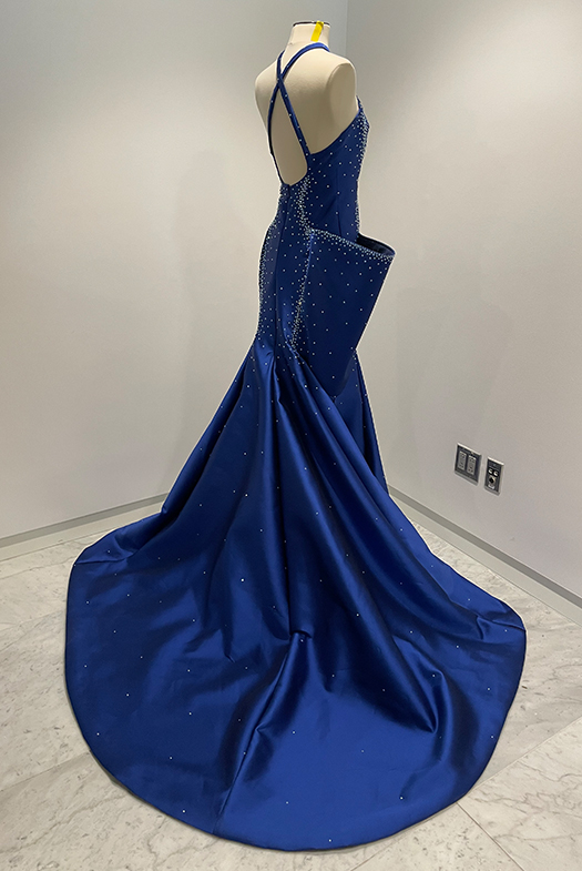 This image shows a view of the gown. The straps from the front also cross on the back and connect to the gown at the lower back.