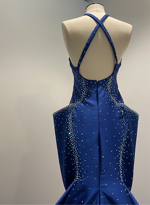 This is a close-up view of the back of the royal blue gown. It is covered in crystals that reflect multiple colors. The upper and mid back areas are open.