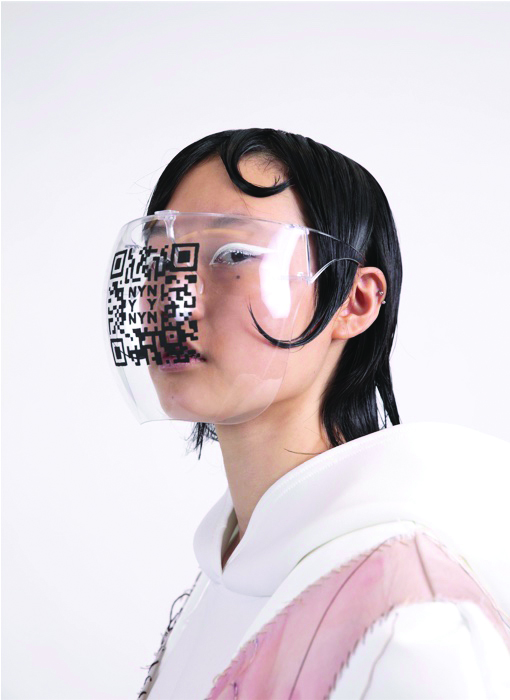Hand-painted QR code on clear visor headpiece 
