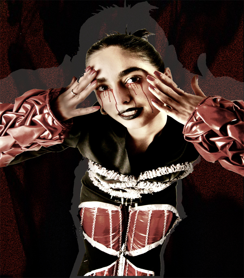 This image is a concept photo of the model reflecting the vibe of the theme with the pose, the make-up, and the visible details of the garments.