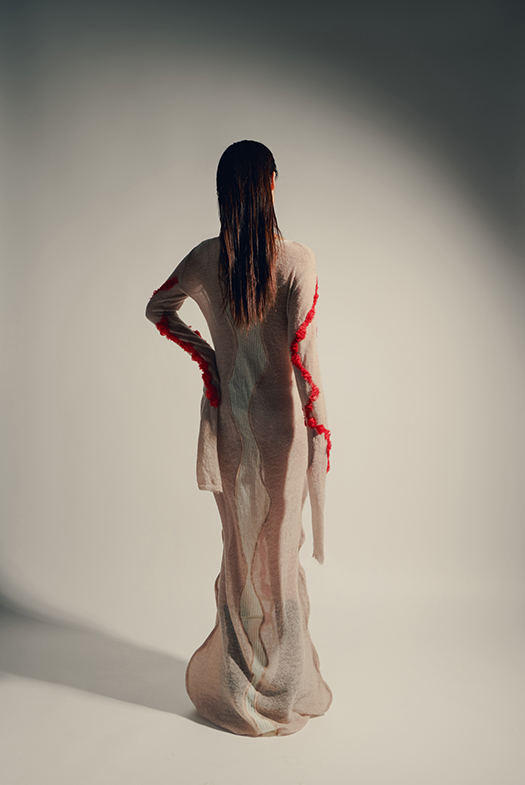 Light cinnamon and ecru handloomed mohair curve silhouette dress with dark cinnamon embellishment        