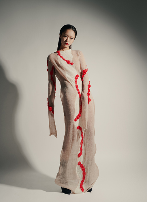 Light cinnamon welt cloth and organza cape and structured padded skirt; ecru mohair jersey under piece        